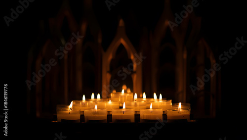 A cluster of tea light candles casting a warm glow against a dark, ornate background