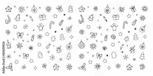 A collection of hand drawn christmas themed doodles on a white background