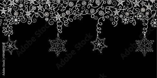 Elegant winter design featuring delicate snowflakes and ornamental hanging decorations