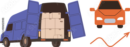 A blue van with its back doors open next to an orange car and an orange arrow pointing upwards on isolated