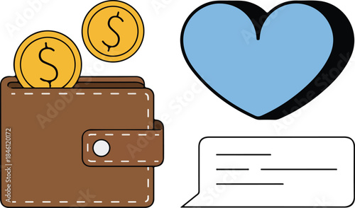 Colorful illustration of wallet with coins and heart on