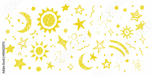 A charming collection of yellow celestial shapes suns moons and stars