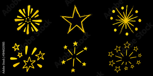 Golden starbursts and sparkling stars against a dark black background illustration