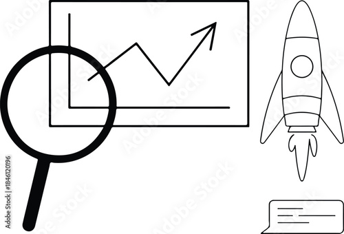Black and white line art of a magnifying glass examining a graph with a rocket ship nearby, symbolizing business growth and analysis isolated on