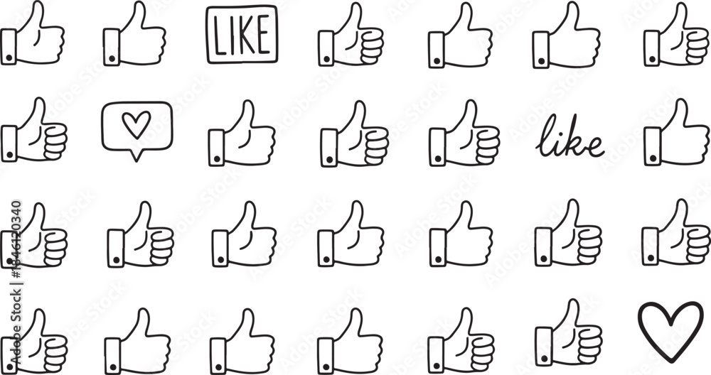 Fototapeta premium A collection of black thumbs up and like icons on a
