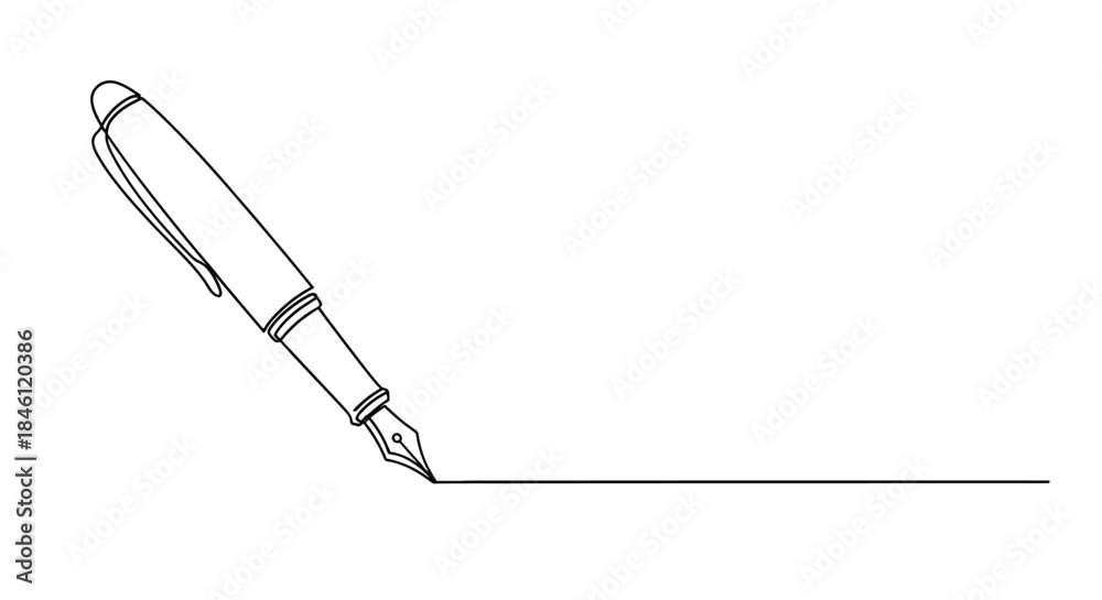 Fototapeta premium Elegant single line drawing of a classic fountain pen creating a straight line on a white background representing writing and creativity