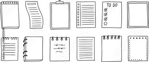 A collection of various notebook and paper outline icons on a