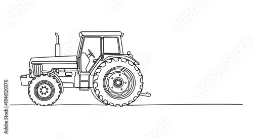 A detailed black and white line drawing of a modern agricultural tractor with large wheels and a cab