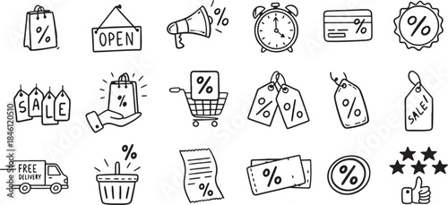 Collection of black line and outline icons depicting sale discount shopping and e commerce concepts on a