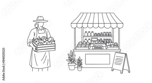 A farmer wearing a hat and apron carries a wooden crate overflowing with fresh produce next to a market stall