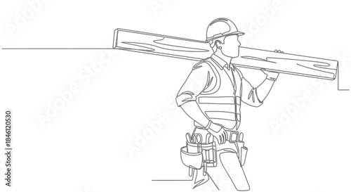 Construction worker wearing a hard hat and tool belt carries a wooden beam over his shoulder in a minimalist line art style