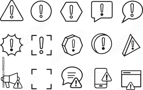 Set of warning and alert icons in black outline on isolated on