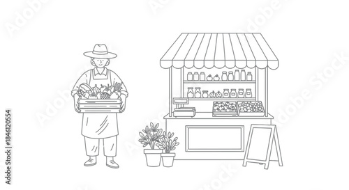 Happy farmer wearing a hat and apron holds a wooden crate full of fresh produce next to a market stall