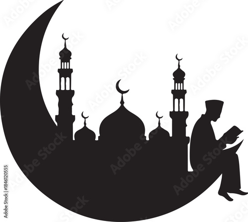 A captivating black silhouette depicting a mosque and a man reading on a crescent moon