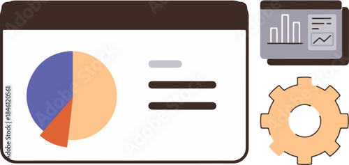 A colorful pie chart on a web page with a gear and graph icons nearby on