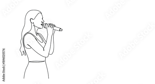 Elegant continuous line drawing of a woman singing passionately into a microphone on a white background