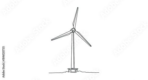 Minimalist single line drawing of a modern wind turbine with three blades on a white background representing clean energy generation