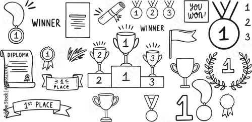 Collection of black and white line art illustrations of winner medals, trophies, certificates, ribbons, and flags for first place awards isolated on