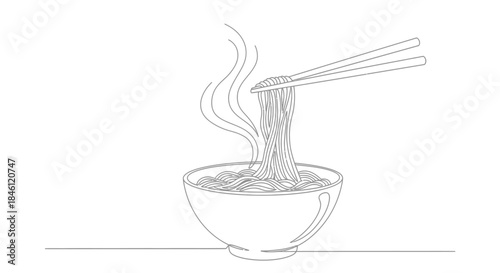Minimalist single line drawing of hot steaming noodles being lifted from a bowl with chopsticks on a white background