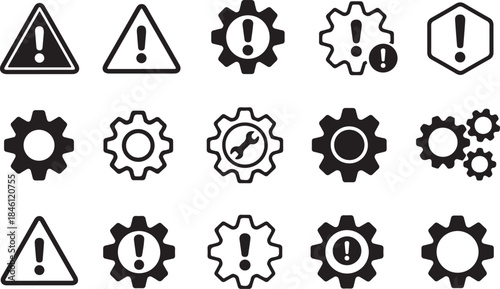 Collection of gear and warning icons with exclamation marks in black and white line art style isolated on