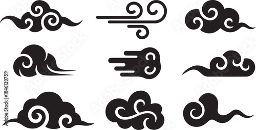 A charming set of nine black stylized clouds and swirling wind symbols on a clean white background