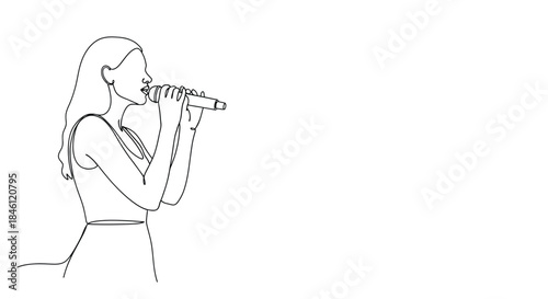 Elegant continuous line drawing of a woman singing passionately into a microphone with flowing hair and a simple dress