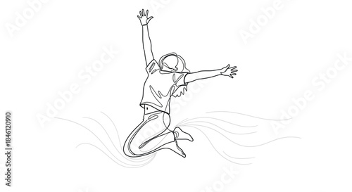 Joyful person jumping with arms outstretched in a dynamic continuous line drawing art style