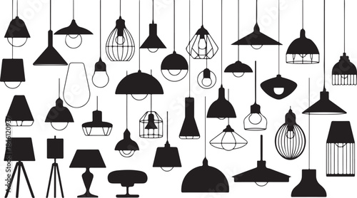 A collection of modern lighting fixtures including hanging pendant lights and floor lamps in black silhouettes