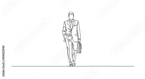 Minimalist single line drawing of a businessman in a suit walking confidently with a briefcase and hand in pocket