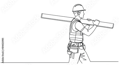Construction worker wearing a hard hat and tool belt carrying a long wooden plank over his shoulder in a continuous line drawing style