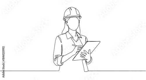 Continuous line drawing of a female architect or engineer wearing a hard hat holding a clipboard and pen and taking notes on a project