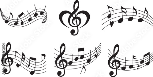 A collection of various musical notes and clefs flowing across staves in a dynamic arrangement