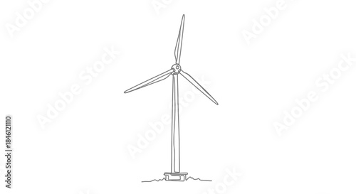 A minimalist single line drawing of a modern wind turbine standing tall on a white background representing clean energy generation