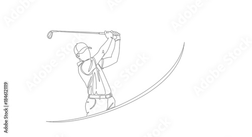 Dynamic single line drawing of a male golfer in mid swing with a golf club poised for impact against a clean white background