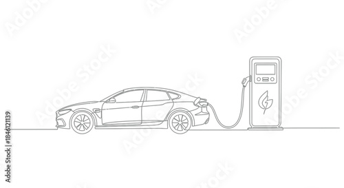 Modern electric vehicle charging at a sustainable energy station with a leaf symbol representing clean power and environmental friendliness