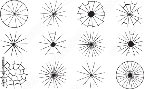 A collection of various geometric broken glass crack patterns showing different radial designs on a white background