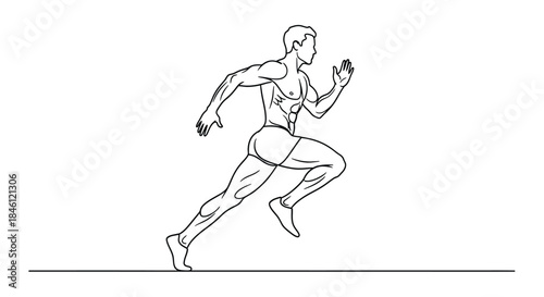 Dynamic black and white line art illustration of a muscular male athlete in full stride during a sprint race on a white background