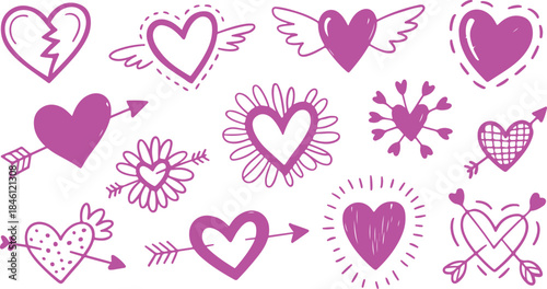 A diverse collection of cheerful pink heart doodles with wings arrows and various sweet patterns