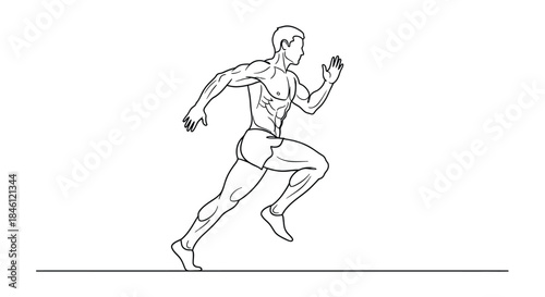 Dynamic line art illustration of a muscular male athlete in full stride during a sprint race on a white background