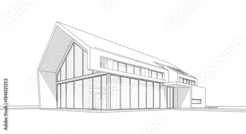 Modern architectural sketch of a multi story house with extensive glass walls and a pitched roof design