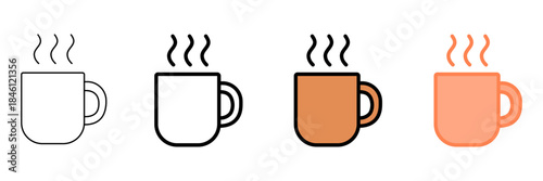 Set of minimalist hot drink cup icons with transparent background, depicting warm beverage symbols, cafe menus, user interfaces, and breakfast themes, vector illustration