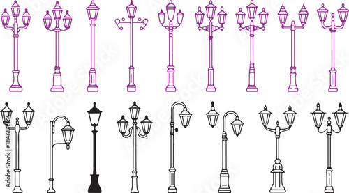 A diverse collection of street lamps and lampposts showing various architectural styles and linear designs