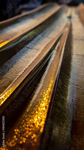 Close-up of wet, reflective railway tracks illuminated by warm light.