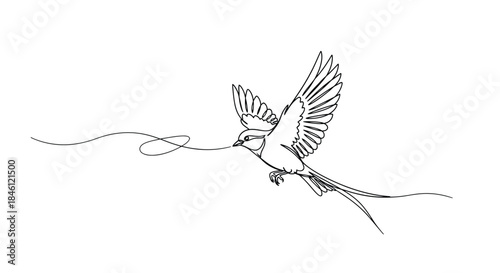 Minimalist single line drawing of a bird in flight with outstretched wings carrying a flowing ribbon in its beak