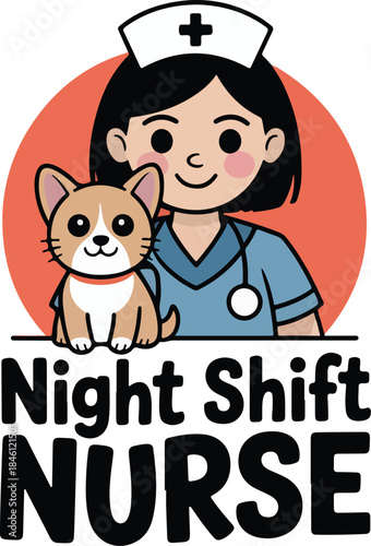 A friendly female night shift nurse with a cute corgi puppy mascot stands happily