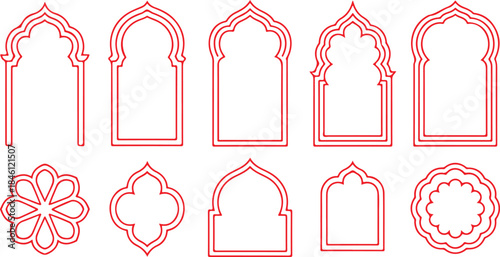 A graceful set of red outlined Islamic or Moorish arch frames and decorative geometric shapes for design
