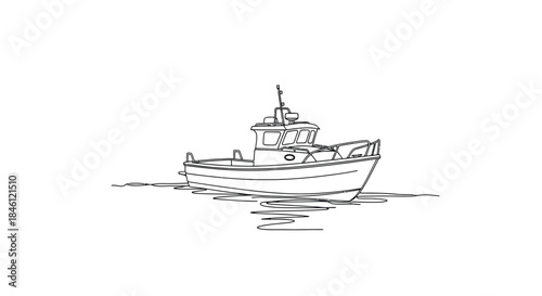 Simple line drawing of a small fishing boat floating on calm water with a white background