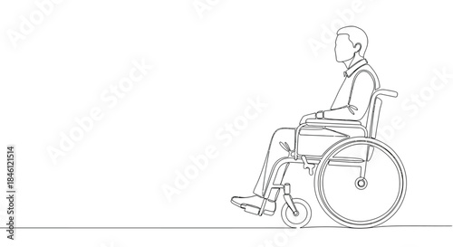 Minimalist continuous line drawing of a man sitting in a wheelchair viewed from the side on a white background