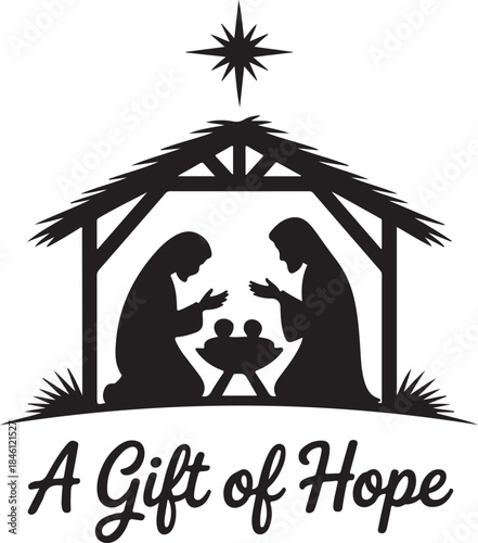 A heartwarming black silhouette shows the holy family with baby Jesus under a bright star