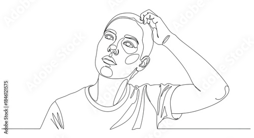 Minimalist continuous line drawing of a thoughtful young person scratching their head with their hand looking upwards